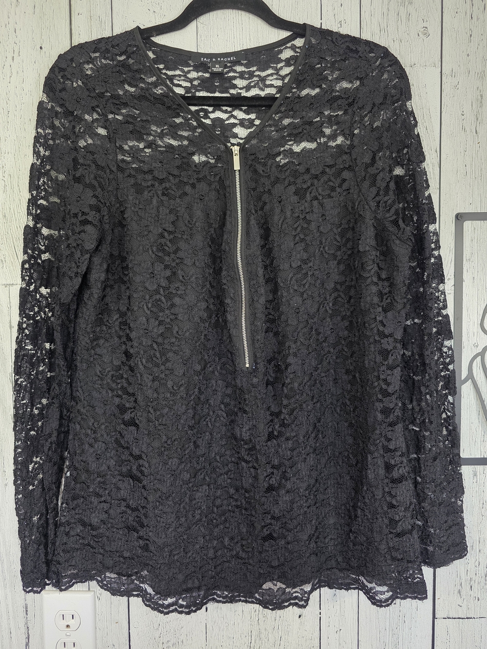 Zac & Rachel Black Floral Lace Zip Front Top Size XL Party Event Holiday